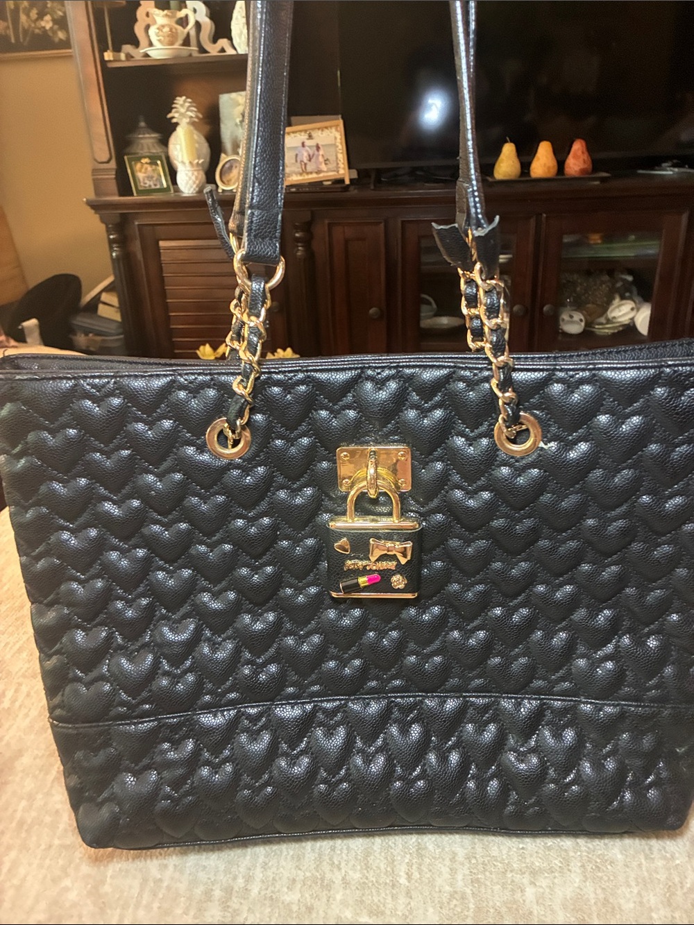 Betsey‎ Johnson Black Quilted Heart Tote with Gold Hardware